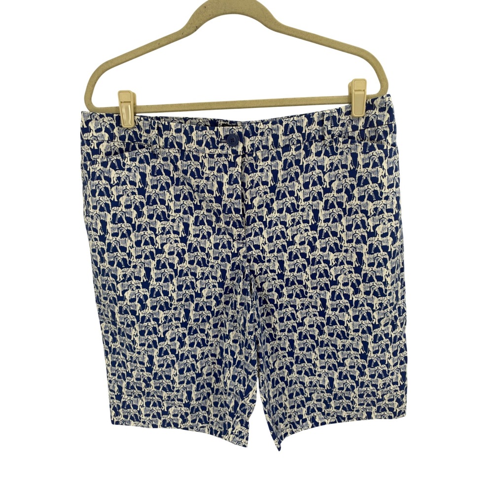 Talbots The Perfect Short Blue White Elephant Print Cotton Stretch Shorts 14 NWT